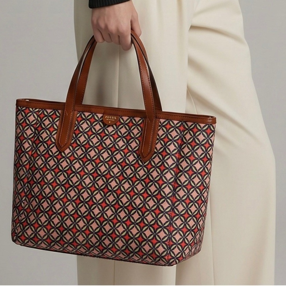 Fossil Rachel Tote Bag Large Multicolor Geometric Print Brown Leather Trim 17x11